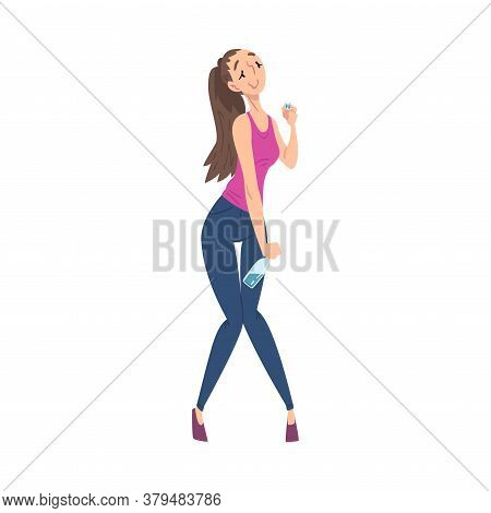 Drunk Young Woman With Alcohol Drink Bottle In Her Hands, Drunken Girl Wearing Casual Clothes Walkin