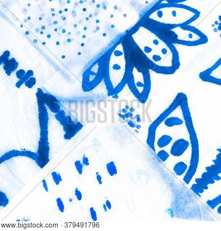 Winter Shibori Patchwork. Marble Indigo Patchwork. Artistic Clouds Blue Textile. Jeans Navy Artistic