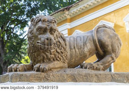 Ancient Sculpture Of A Laughing Lion Close Up In Palace And Park Ensemble In Village Samchyky. Khmel