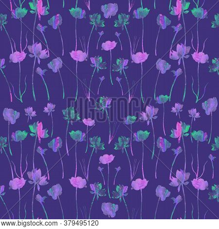 Watercolor Flowers. Seamless Pattern. Hand Painted Background. Bright Flowers On The Dark Background