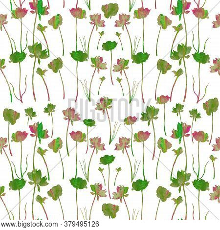 Green And Red Flowers On The White Background. Watercolor Flowers. Seamless Pattern. Hand Painted Ba