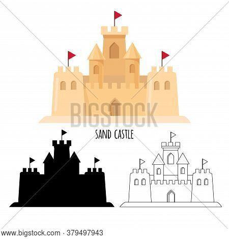 Sand Castle. Set. Cartoon Design, Silhouette, Linear Style. Vector Stock Illustration. Isolated On W