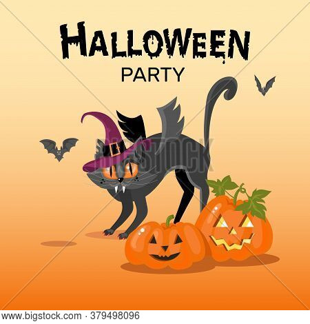 Halloween Greeting Card. Happy Halloween Lettering. Image Of An Angry Cat With Wings, Pumpkins, Bats