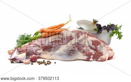 Raw Leg Of Mutton On A Bone On A White Isolated Background. Sheep Meat Close-up.a Fresh Piece Of Mut