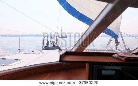 Boat Porthole Sailboat View Blue Ocean Sea Sky Horizon