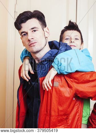 Faher And Son Together Having Fun At Home, Lifestyle Happy Family, People At Home