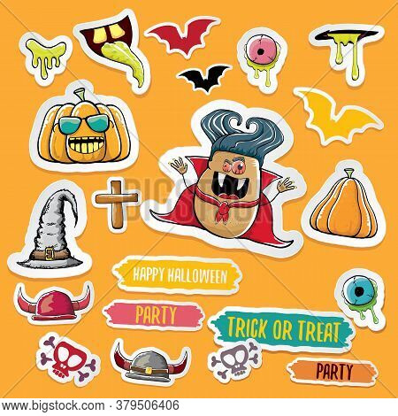 Vector Halloween Sticker Icons Set With Dracula, Witch Hat, Scary Pumpkin, Bat , Skull, Happy Hallow