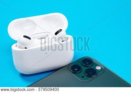 Rostov, Russia - July 06, 2020: Smartphone Apple Iphone 11 Pro Of Midnight Green Color And Wireless 