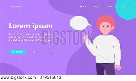 Red-haired Guy Pointing At Empty Speech Bubble. Finger, Chat, Network Flat Vector Illustration. Comm