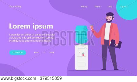 Man Drinking Water At Cooler. Office Employee, Worker, Work Break Flat Vector Illustration. Beverage
