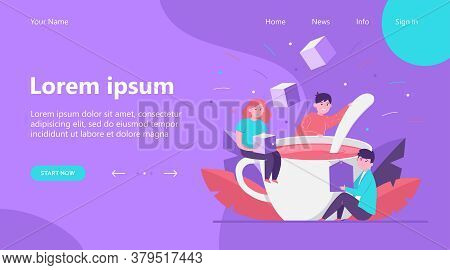 Happy People Mixing Sugar In Big Cup Of Tea. Spoon, Office, Lunch Flat Vector Illustration. Hot Beve