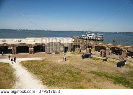 Charleston Sc - March 29, 2019: View Of Fort Sumter Full Of Tourist, National Monument In Charleston