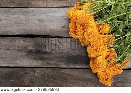 Composition With Cempazuchitl Flowers On Rustic Wooden Table.