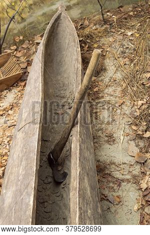 Boat Of Logs. Fragment. Theres An Axe In The Boat. View Along The Top. Vehicle Of Siberians - The Ha