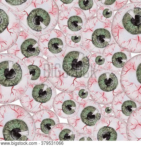 Seamless Watercolor Pattern With Creepy Eyeballs. Halloween Patterns Can Be Used For Scrapbook, Pape