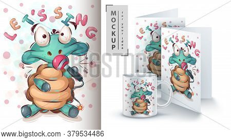 Turtle With Microphone Poster And Merchandising. Vector Eps 10