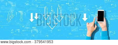Descending Arrows With Person Using A Smartphone On A Blue Background