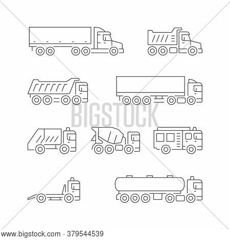 Set Line Icons Of Trucks Isolated On White. Trailer, Dumper, Garbage Truck, Concrete Mixer, Fire Eng