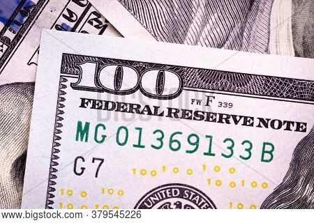 Fragment Of 100 Dollar Bill. Close Up Of American Currency. Us Dollar Background.. Macro Shot.