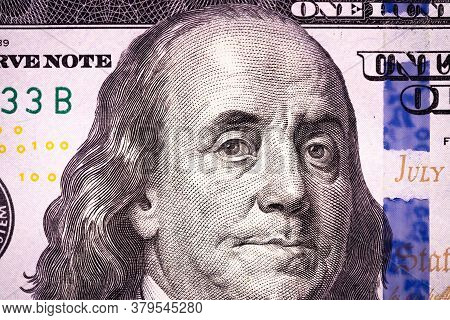 Fragment Of 100 Dollar Bill. Close Up Of American Currency. Us Dollar Background.. Macro Shot.