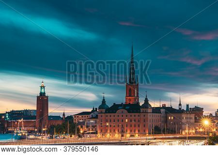 Stockholm, Sweden. Scenic View Of Stockholm Skyline At Summer Evening Night. Famous Popular Destinat