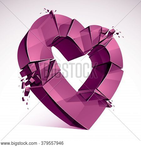 Breakup Concept Of Broken Heart, 3d Realistic Vector Illustration Of Heart Symbol Exploding To Piece
