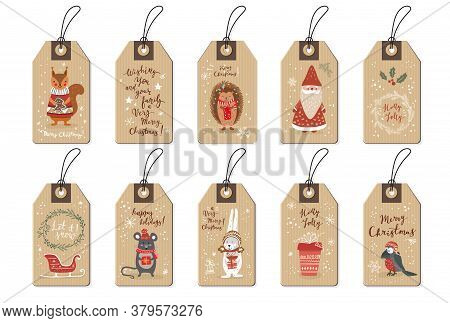 Christmas Tags Set With Santa, Animals And Christmas Elements, Fox, Hetchog, Bird, Mouse, Squarrel, 