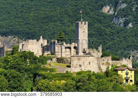 View Of Breno, Brescia, Lombardy, Italy, From The Road To Crocedomini Pass At Summer. Mountain Lands