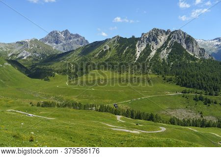 Mountain Landscape Along The Road To Crocedomini Pass, In The Brescia Province, Lombardy, Italy, At 