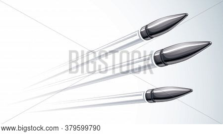 Realistic Bullets Flying Over White, Vector 3d Illustration.