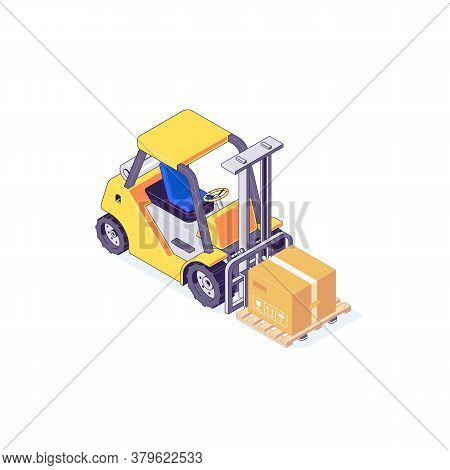 Isometric Warehouse Forklift Pallet Box And Loader. Truck Delivery And Transportaion Industry Vector