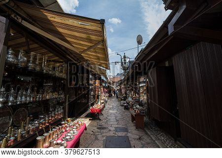 Sarajevo, Bosnia - April 15, 2017: Narrow Street Of The Bascarsija District Of Sarajevo, With Typica