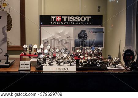 Bucharest, Romania - February 11, 2020: Tissot Logo On Their Jewelry Boutique In Bucharest Tissot Is