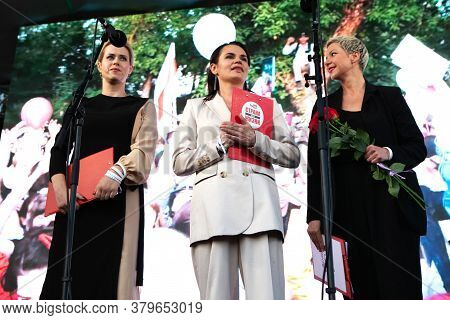 Minsk, Belarus - July 30, 2020: Svetlana Tikhanovskaya, Veronika Tsepkalo And Maria Kolesnikova - Th