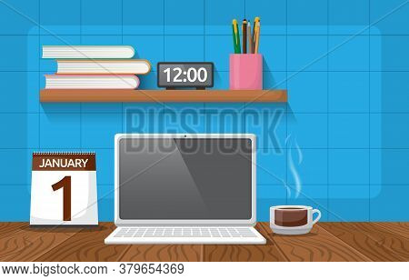 Laptop Cup Of Coffee On Workbench Office Work Table Illustration