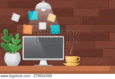 Computer Cup Of Coffee On Workbench Office Work Table Illustration