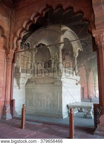 Delhi, India - March 15, 2019: The Beautiful White Marble Throne At Red Fort