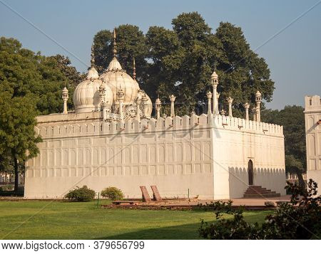Delhi, India - March 15, 2019: The Beautiful White Marble Moti Masjid Mosque At Red Fort