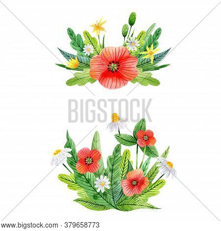 Watercolor Flower Compositions With Wildflowers And Leaves. Bouquets Of сhamomiles, Poppies, Yellow 