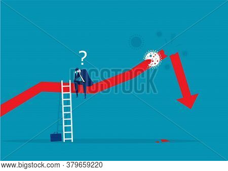 Stressed Businessman With Broken Down Statistic Arrow  Falling Down Financial Crisis Bankrupt Invest