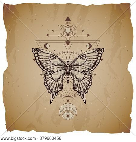 Vector Illustration With Hand Drawn Butterfly And Sacred Geometric Symbol On Vintage Paper Backgroun