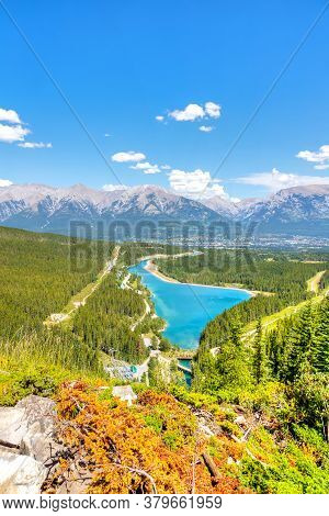 View From Grassi Lakes Trail Overlooking Rundle Forebay Lake And The Town Of Canmore With The Canadi