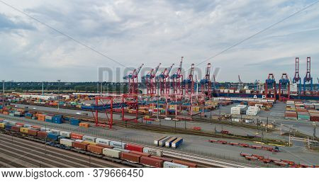 Hamburg, Germany - August 01, 2020: Aerial View Of The Container Terminal Eurogate Burchardkai In Ha
