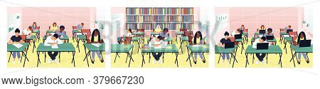 Set With Students Studying In The Classroom. Teens Read Book In The Library. Students Work On Comput