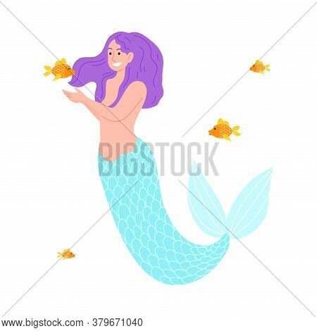 Smiling Mermaid With Purple Hair Swimming In Sea With Fishes Around