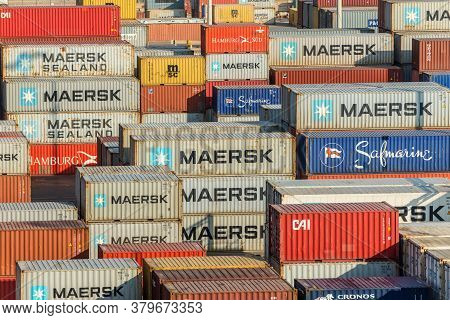 Salalah, Oman - November 19, 2019: Close Up Image Of Stacked Containers In Port Of Salalah In Oman. 