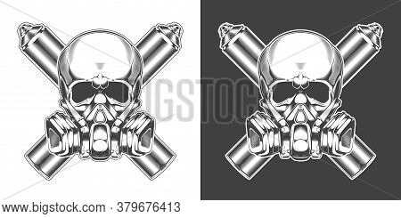 Vintage Monochrome Skull With Respirator And Crossed Spray Cans Isolated Vector Illustration