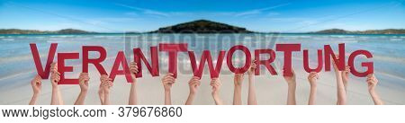 People Hands Holding Word Verantwortung Means Responsibility, Ocean Background