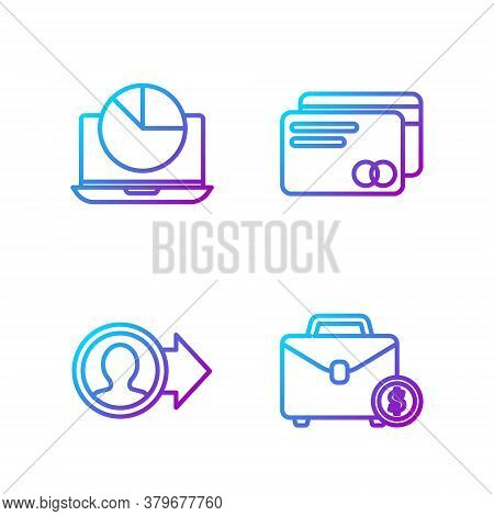 Set Line Briefcase And Money, Job Promotion, Laptop With Graph Chart And Credit Card. Gradient Color