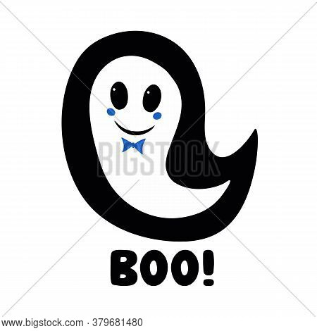 Cute Boy Ghost With Blue Bow Tie And Boo Word. Halloween Greeting Card. Isolated On White Background